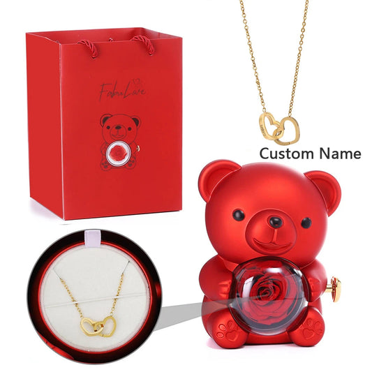 Teddy Bear Gift Box-Rotating Eternal Rose Box with Necklace for Wedding Custom Name Necklace Jewelry For Women Gift Girlfriend